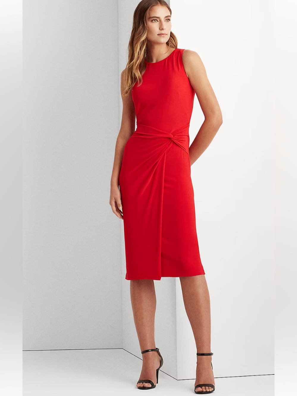Lauren Ralph Lauren Bright Red Draped Knot Jersey Sleeveless Midi Dress
